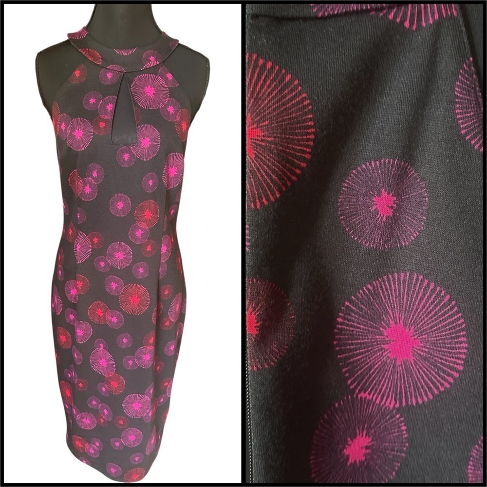 NWT Trina Turk Pink Red & Black Halter Sheath Dress with Retro Print